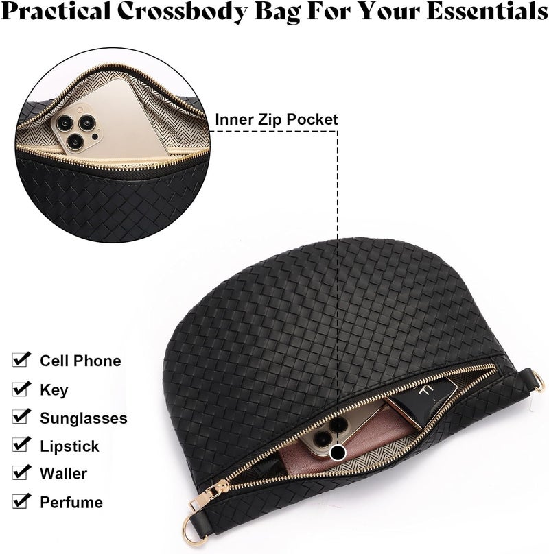 Dealkion Woven Crossbody Bags for Women Leather Belt Bum Sling Purse Fanny Waist Pack Chest Shoulder Bag for Women-Black - Image 4